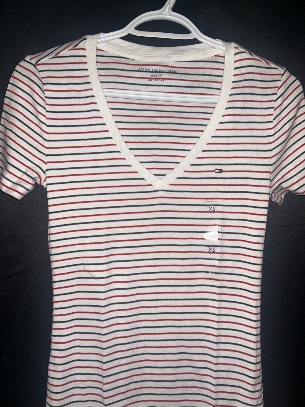 Tommy Hilfiger White Tee with Red and Navy Stripes V-Neck